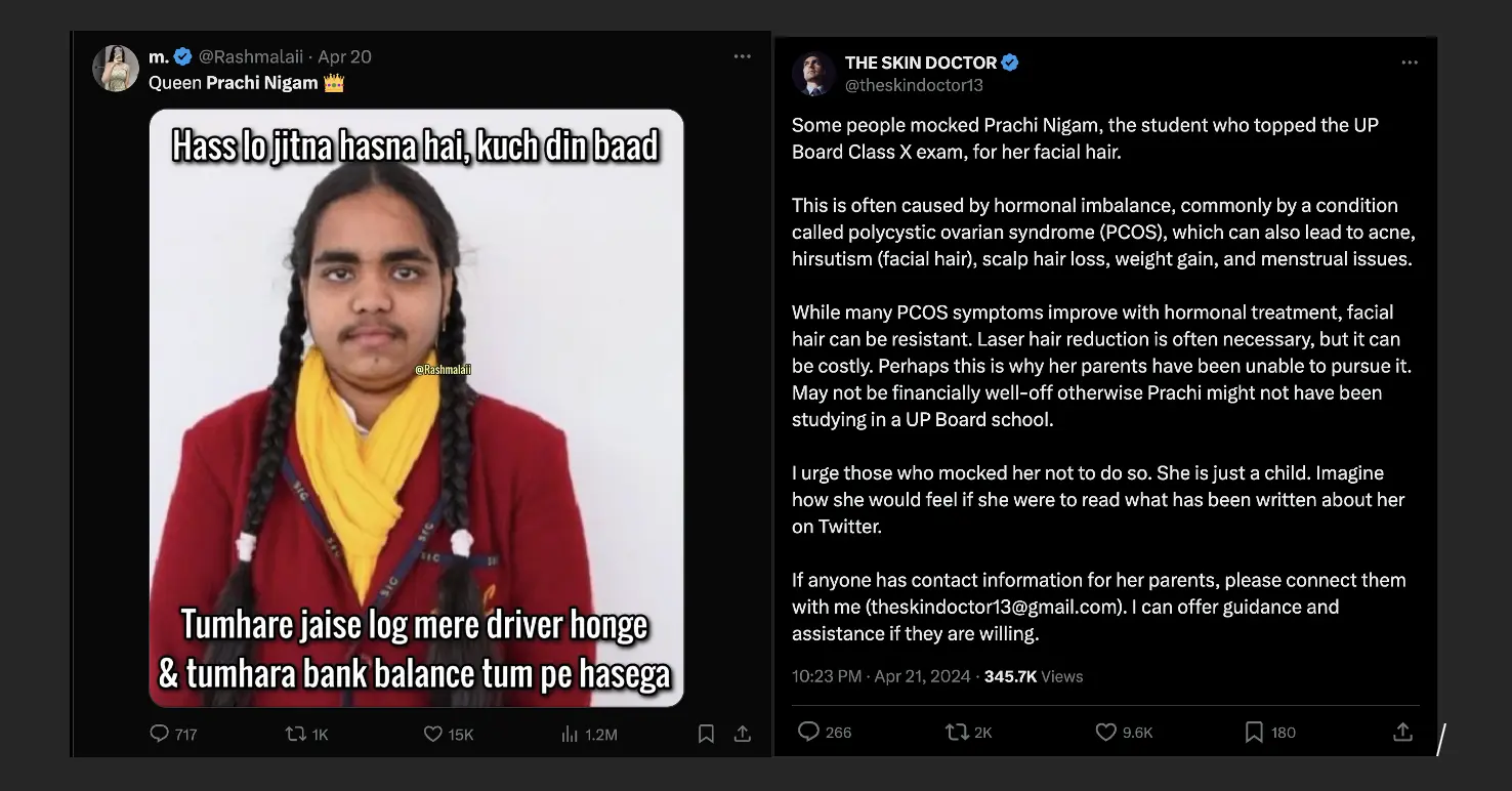 Image 1: X user deeming Prachi as a queen but also putting down driving as a profession

Image 2: X user promoting their business, and promoting laser hair removal, and wanting to get in touch to “help” Prachi